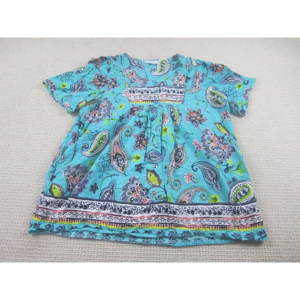 Dreams & Co Shirt Womens Large 18/20 Blue Paisley Cotton Tunic Pockets‎ Boho